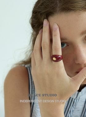 G/S秋冬高级感复古酒红滴釉戒指