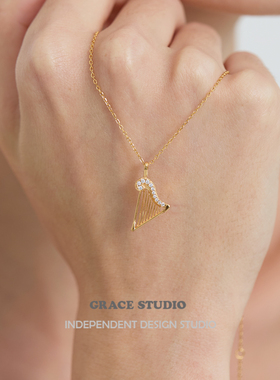 小众艺术感纯银小竖琴吊坠锁骨链