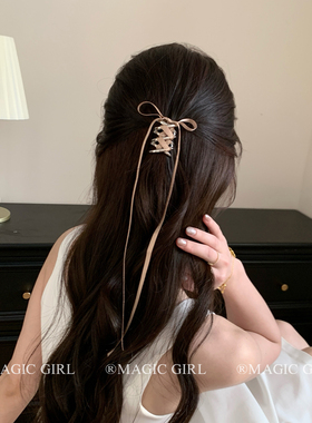芭蕾风咖色丝带蝴蝶结马尾扣抓夹高级感后脑勺半扎发夹子秋冬头饰