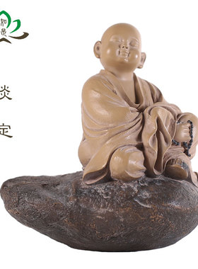 中式桌面装饰 台湾铁丸石禅趣小沙弥等待 一角禅石愿系列创意摆件