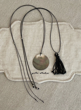 简约贝壳大圆片串珠流苏抽拉黑绳项链女个性精致时尚颈链锁骨链