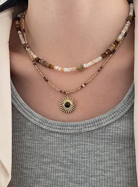 美拉德风多层叠戴天然石串珠项链女小众复古个性百搭颈链锁骨链