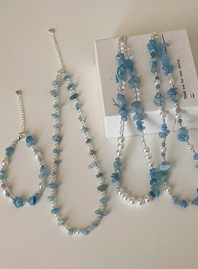 小清新蓝色天然石珍珠串珠项链女简约个性百搭气质时尚颈链锁骨链