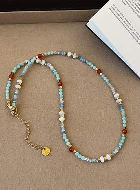 高级感渐变蓝色水晶串珠项链女文艺复古独特个性百搭颈链锁骨链