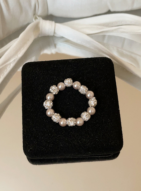 爆闪镭射球珍珠弹力绳戒指女轻奢高级感个性时尚气质百搭指环戒子