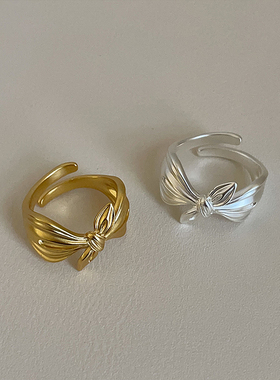 哑光褶皱蝴蝶结金属戒指女小众设计感个性独特时尚潮流指环戒子