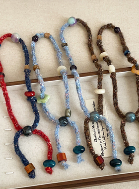 复古高级感彩色针织毛线串珠抽拉项链时尚潮流气质百搭颈链毛衣链