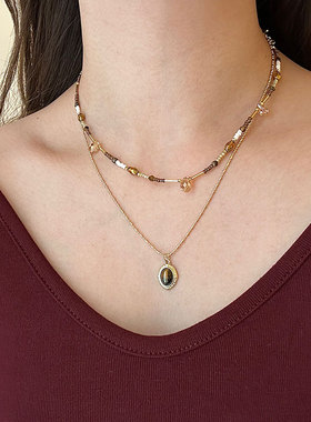 美拉德虎眼石串珠叠戴项链女秋冬复古轻奢小众时尚百搭颈链毛衣链