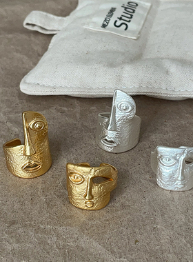 潮酷人脸面具锤纹褶皱肌理感戒指女小众设计感个性时尚指环戒子