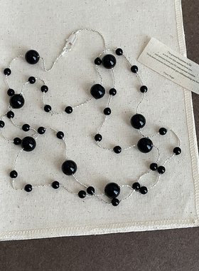 简约潮流渐变大小黑色串珠长款项链女个性时尚气质百搭颈链锁骨链