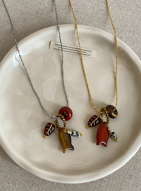 复古天然石小鱼树叶吊坠项链女个性独特时尚潮流气质颈链毛衣链