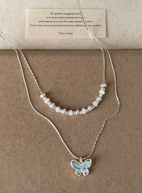 清新百搭蓝色水晶蝴蝶双层叠戴项链女轻奢时尚潮流通勤颈链锁骨链