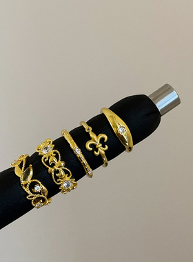 中古重工拉丝鸢尾花戒指女轻奢高级感复古优雅时尚百搭指环戒子