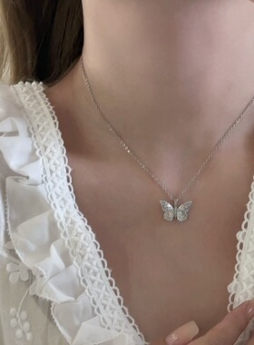 微镶彩钻梦幻拉丝金属蝴蝶项链女巨美重工轻奢优雅小众颈链锁骨链
