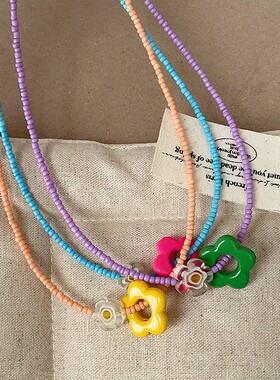 夏季多巴胺女孩彩色花朵串珠项链女简约甜美清新时尚颈链锁骨链