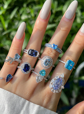 欧美风爆款S925纯银戒指女奢华感蓝冰花切8A/5A锆石女饰厂家直销
