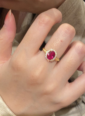 中古风鸽子蛋玫红锆石戒指女小众镶钻金色指环时尚轻奢高级