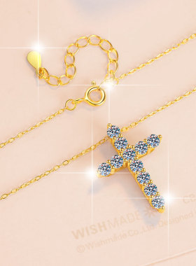 十字架吊坠莫桑石女项链镀18K黄金色复古货源跨境925纯银厂家批发