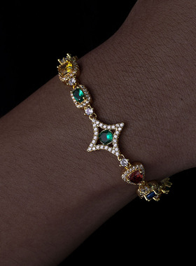 欧美跨境嘻哈珠宝配饰彩色宝石手链女流行饰品高级感锆石男士