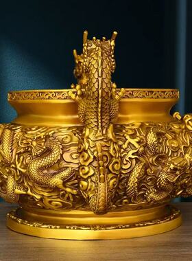 黄铜九龙香炉摆件双龙戏珠炉圆底炉家用客厅室内大号双龙工艺品