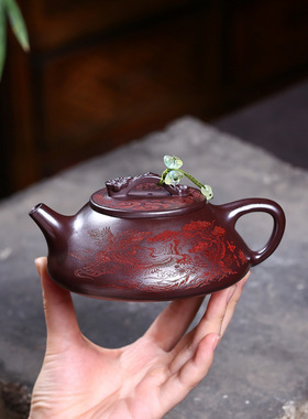 跨境分销宜兴紫砂壶原矿石红匠心手工制作松鹤线瓢功夫茶具礼盒装
