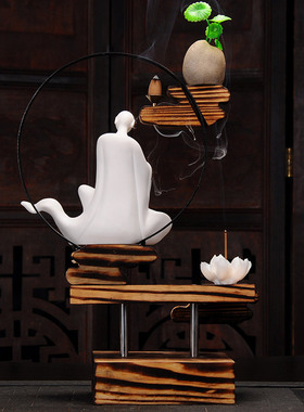 创意中式家居风化木头陶瓷倒流香炉禅意筋斗云摆件玄关装饰品摆设
