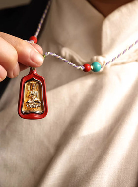 s925银镶嵌天然朱砂金光本命佛吊坠项链马年男女礼物本命年健康