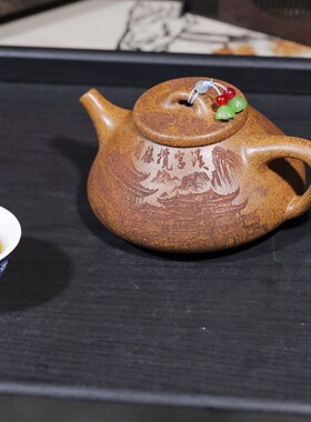 爆款宜兴紫砂原矿柴烧龙骨金砂名家手工制作汉宫揽胜礼品茶具