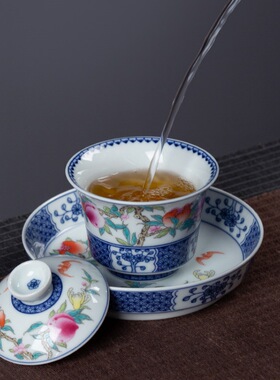 景德镇特色三才盖碗高档九桃五福盖碗壶承搭配小杯子DIY青花瓷茶