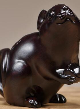 实木生肖子鼠黑檀木雕刻老鼠摆件木质家居饰品福财元宝如意鼠纯木