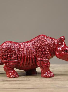 木雕犀牛摆件实木红色的犀牛工艺品家居布局客厅玄关电视柜装饰品