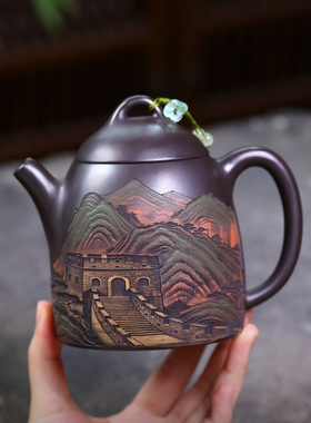 宜兴紫砂壶原矿石黄匠心手工制作秦权彩绘万里雄风功夫茶具礼盒装