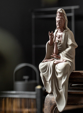 客厅中式博古架工艺品家居玄关陶瓷观音菩萨佛像摆件紫砂桌面摆设