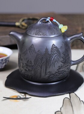 密文一件宜兴紫砂原矿玄铁石黄名家手工制作松崖听泉功夫茶具