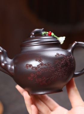宜兴紫砂壶原矿古乌泥匠心手工制作红梅报春功夫茶具精美茶壶