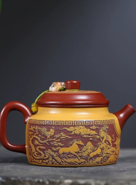 宜兴紫砂壶原矿大红袍匠心手工制作德钟十二生肖一壶一杯礼品茶具