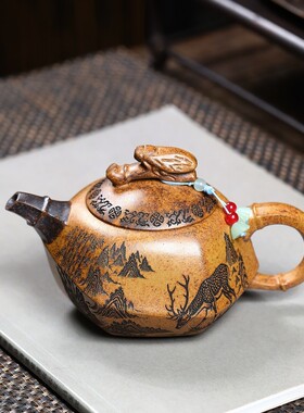 密文一件宜兴紫砂柴烧龙骨金砂匠心手工制作知足福鹿功夫茶具