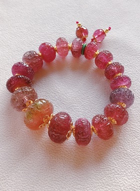 承李李原创设计 高端订制K金镶嵌珠宝玉石  玫红色碧玺手串