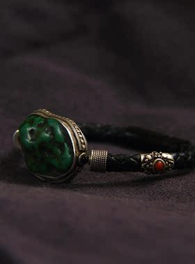 承李李原创设计 纯银镶嵌无优化老绿松石水晶宝石 民族风情侣手镯