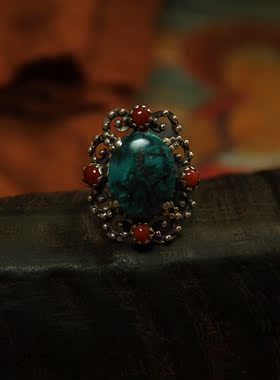 承李李原创设计 纯银镶嵌有机红宝松石珠宝玉石 复古气质老银戒指