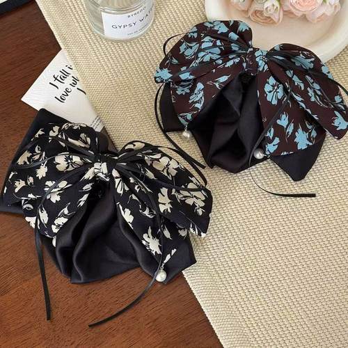 国风牵牛花印花立体蝴蝶结抓夹优雅百搭珍珠马尾发夹发饰头饰夹子 - 图3