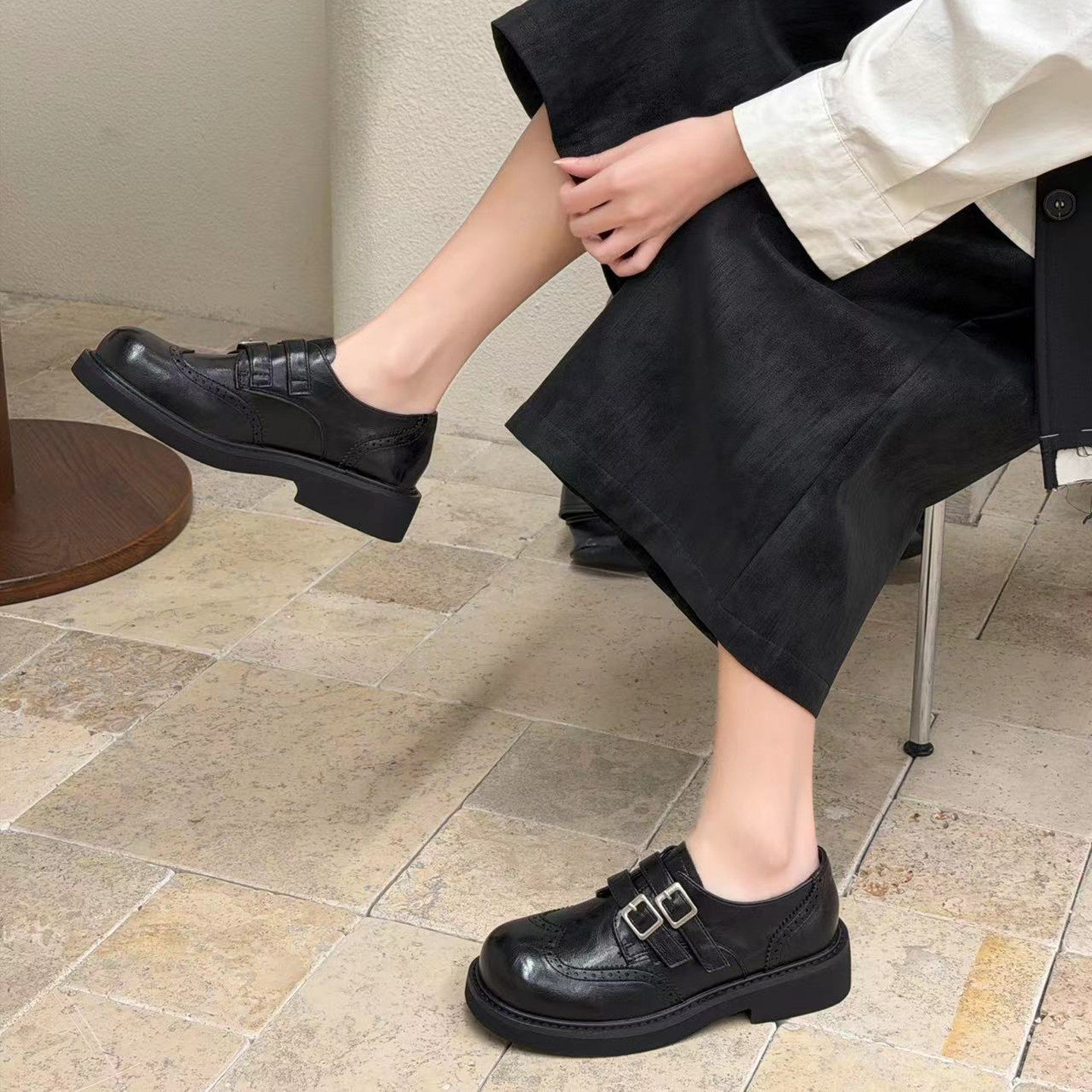 粗跟单鞋女2026年春季新款英伦风时尚真皮布洛克乐福鞋百搭小皮鞋,淘宝优惠券,粉丝福利购,淘宝优惠卷