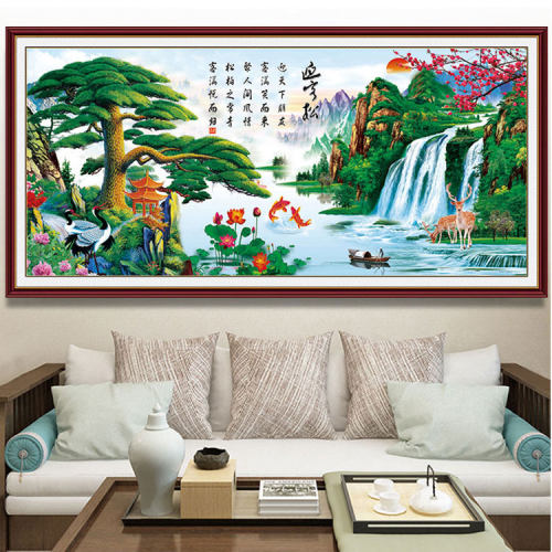 迎客松山水画客厅装饰画沙发背景墙壁画风水靠山招财油画自粘贴画 - 图0