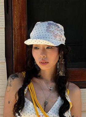 QSC纯棉波点扶桑花烫钻可变形帽沿绑带三角巾帽子高弹透气