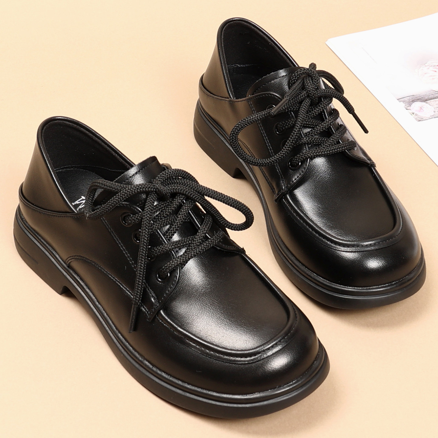 秋冬圆头黑色小皮鞋女款系带深口单鞋软底工作鞋一脚蹬英伦乐福鞋,淘宝优惠券,粉丝福利购,淘宝优惠卷