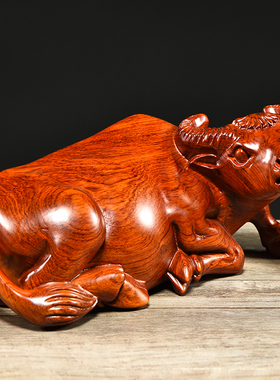花梨木雕水牛摆件木制十二生肖卧牛家居吉祥物装饰补角红木工艺品
