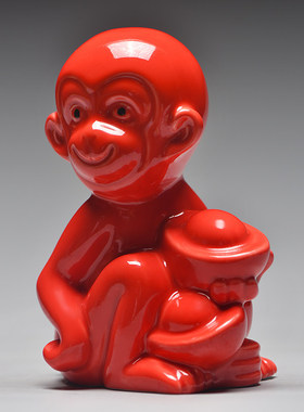 红色陶瓷猴摆件化解补角玄关
