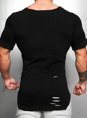 男士短袖T恤方领破洞个性T恤