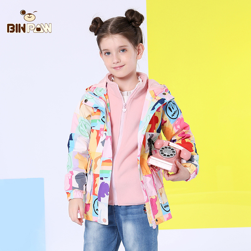 女童长袖风衣外套新款秋装BINPAW韩版中大童卡通满印两件套冲锋衣 - 图2
