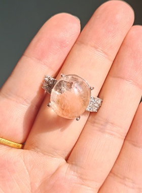 纯银戒指天然水晶粉兔毛晶中晶共生戒指一物一拍节日礼物七夕礼物